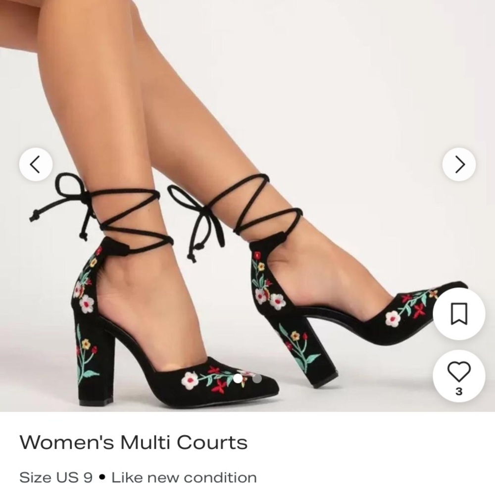 Floral Embroidered Black Heels
